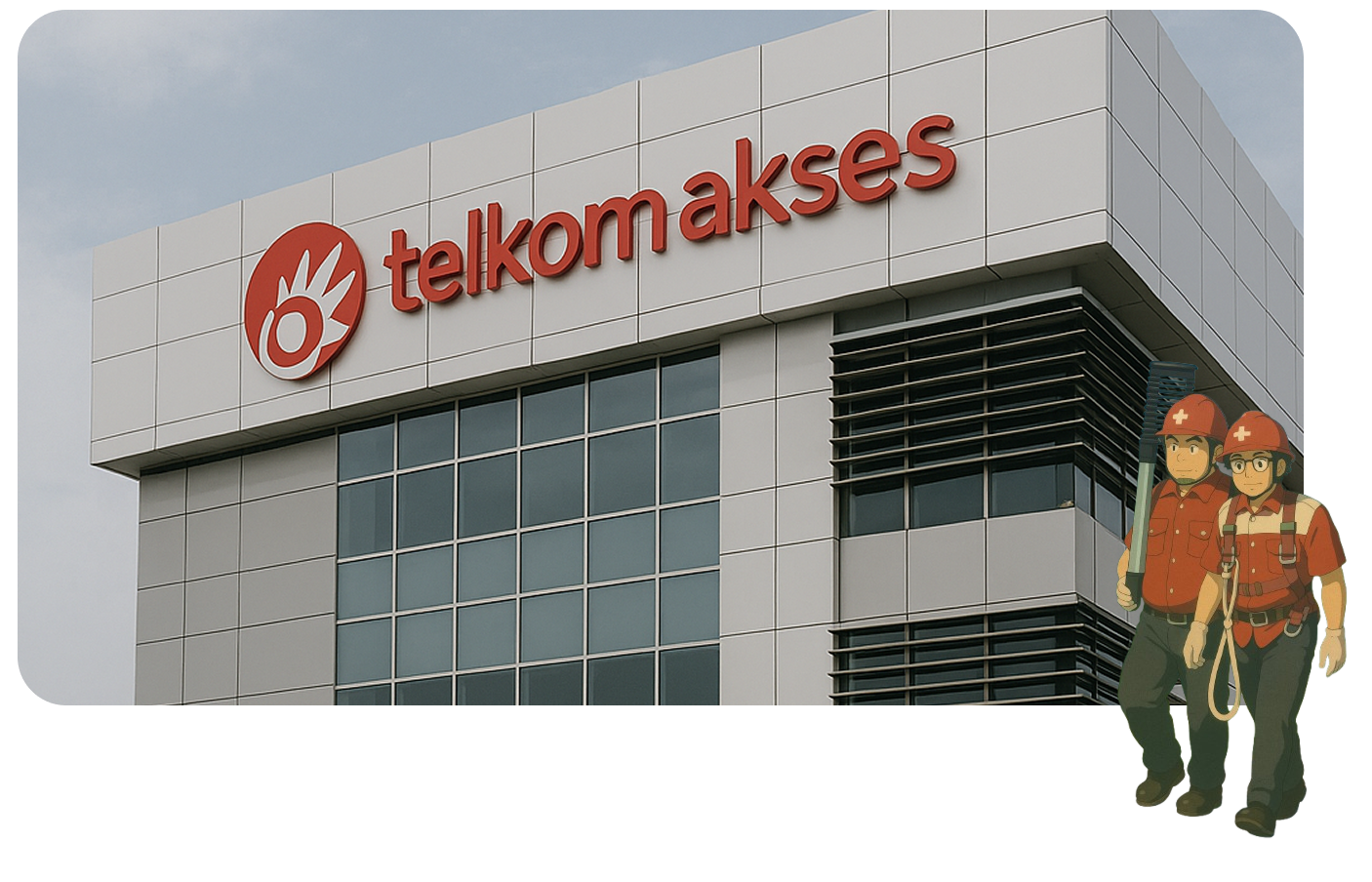 Modern Telkom Akses office building facade with grey cladding and large windows under a clear sky